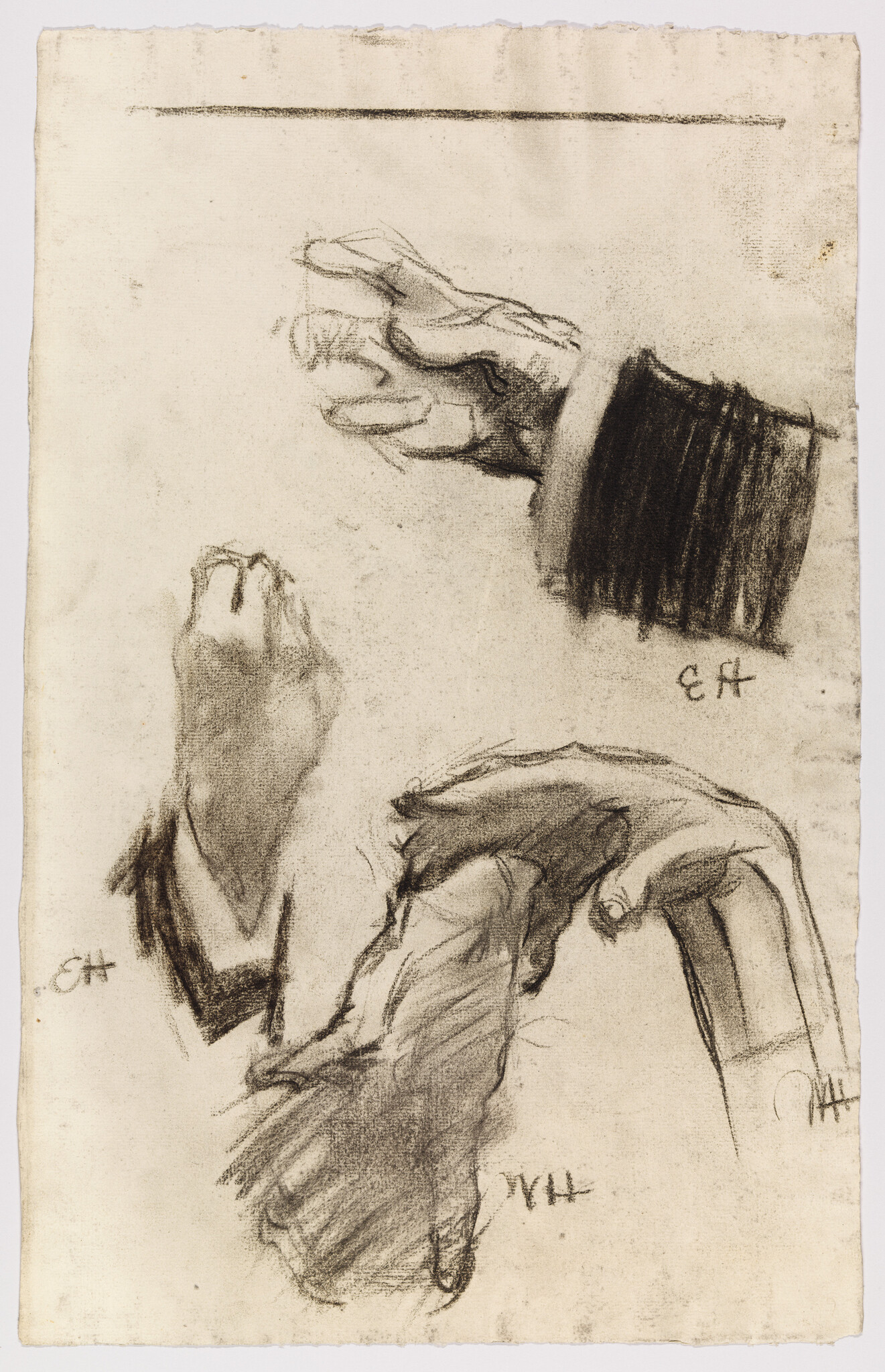 Three charcoal sketches show hands in different poses on a worn sheet of paper.