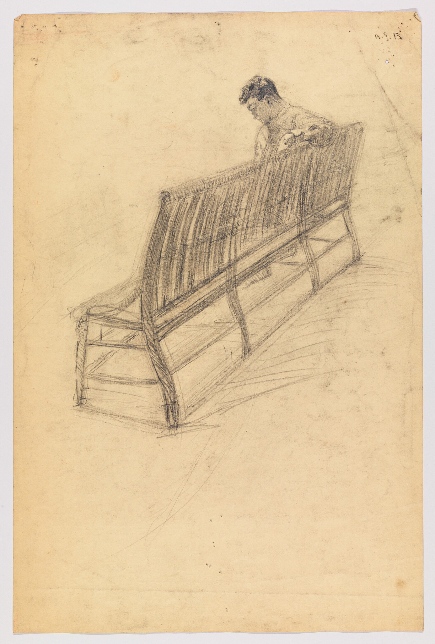 A man sits leaning on the back of a wooden bench in a pencil sketch.