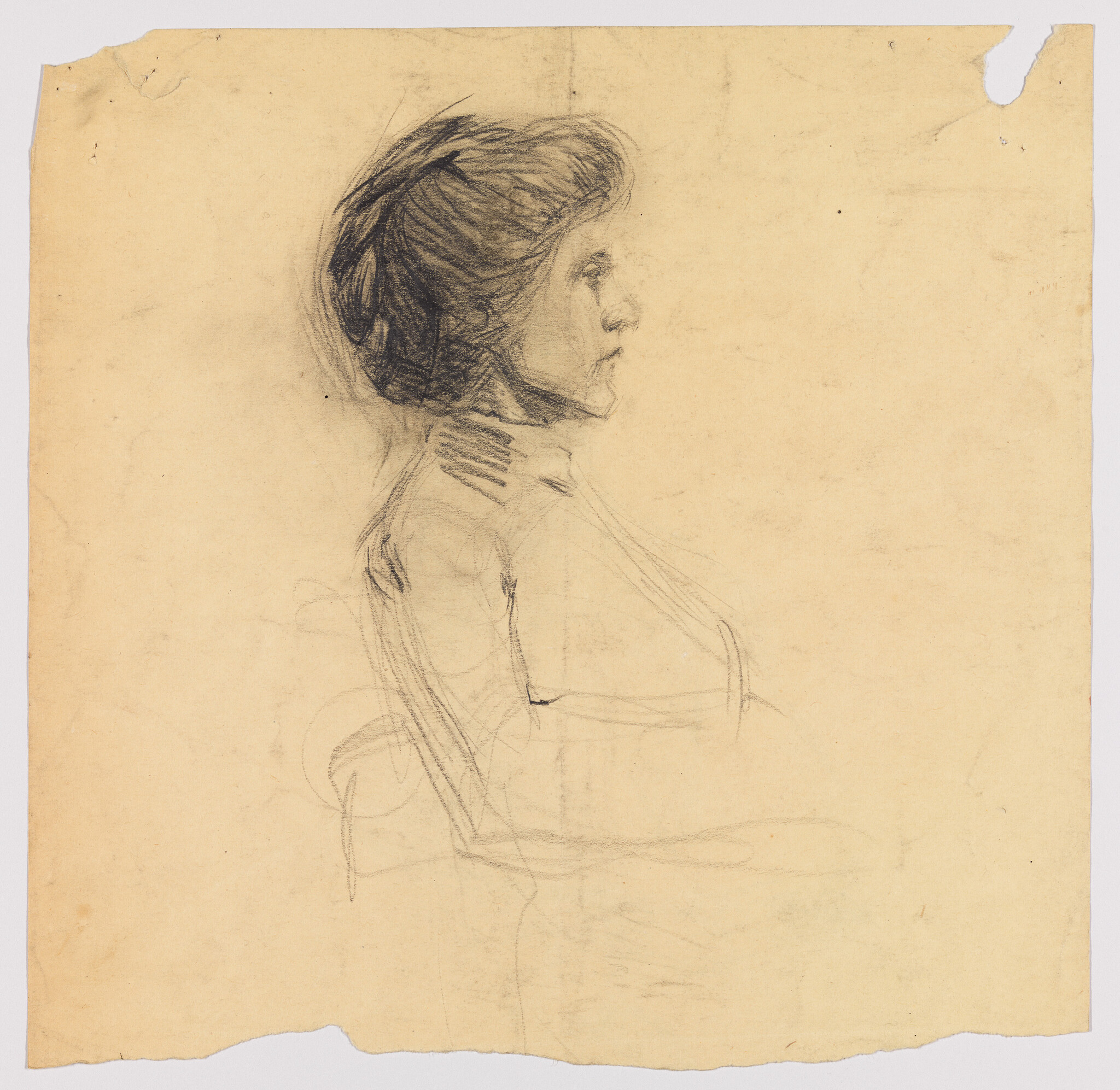 A charcoal sketch of a seated woman in profile with her hair pulled back.