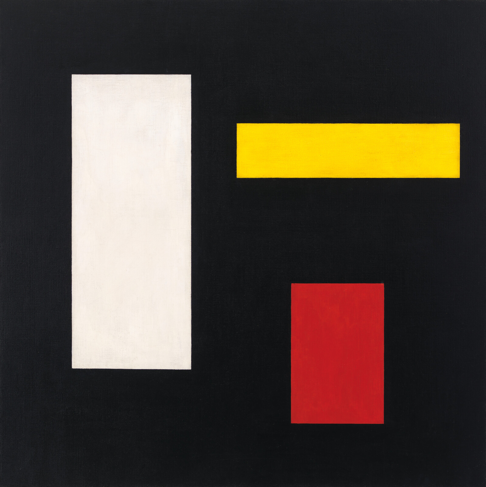 Three geometric shapes: a white rectangle, yellow bar, and red square on a black background.