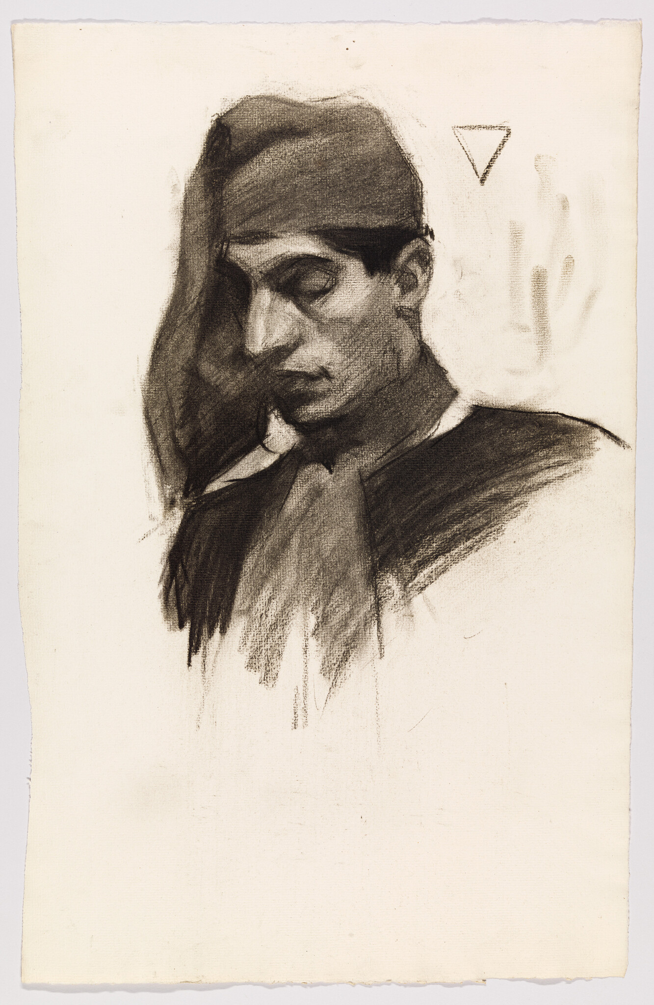 A charcoal portrait of a man wearing a headscarf, looking downward with a thoughtful expression.