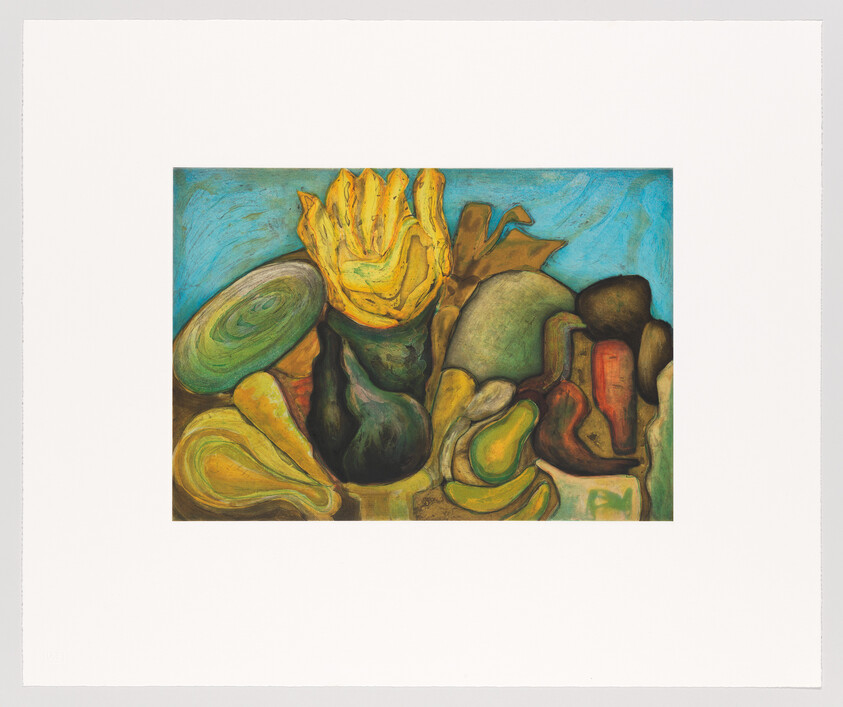 A colorful still life of stylized fruits with a tall yellow flower against a blue background.