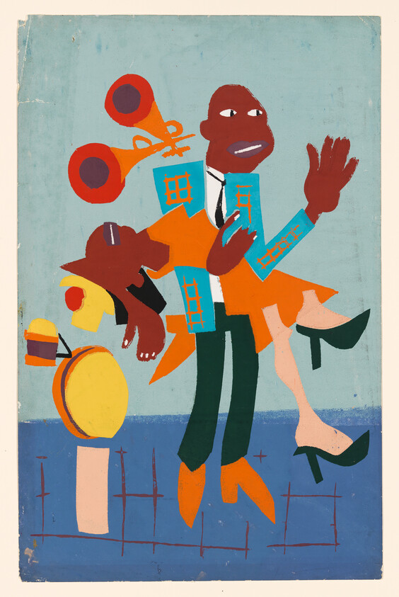 A man in a colorful suit carries a woman while musical instruments float nearby.