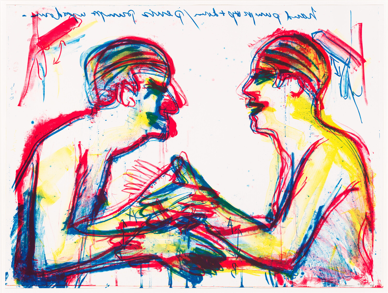 Two brightly colored people face each other and hold hands while exchanging a folded object.