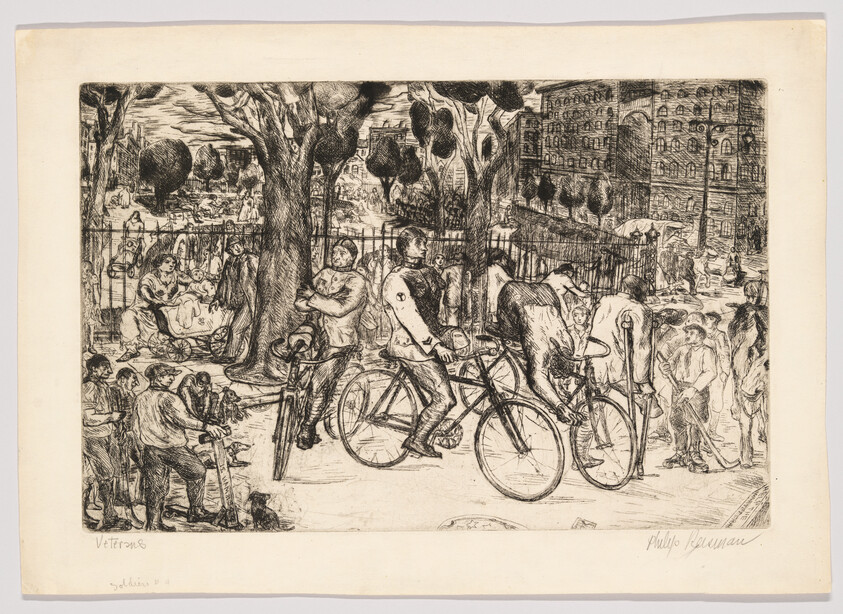 People riding bicycles and standing near a park fence while others sit under trees.