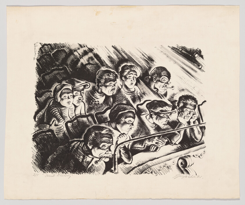 A row of theatergoers lean over a balcony, watching the stage with tense, surprised expressions.