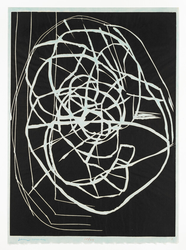 A black and white abstract print featuring a tangle of irregular white lines on a black background, creating a web-like design. The artwork is numbered and signed by the artist in the lower margin.
