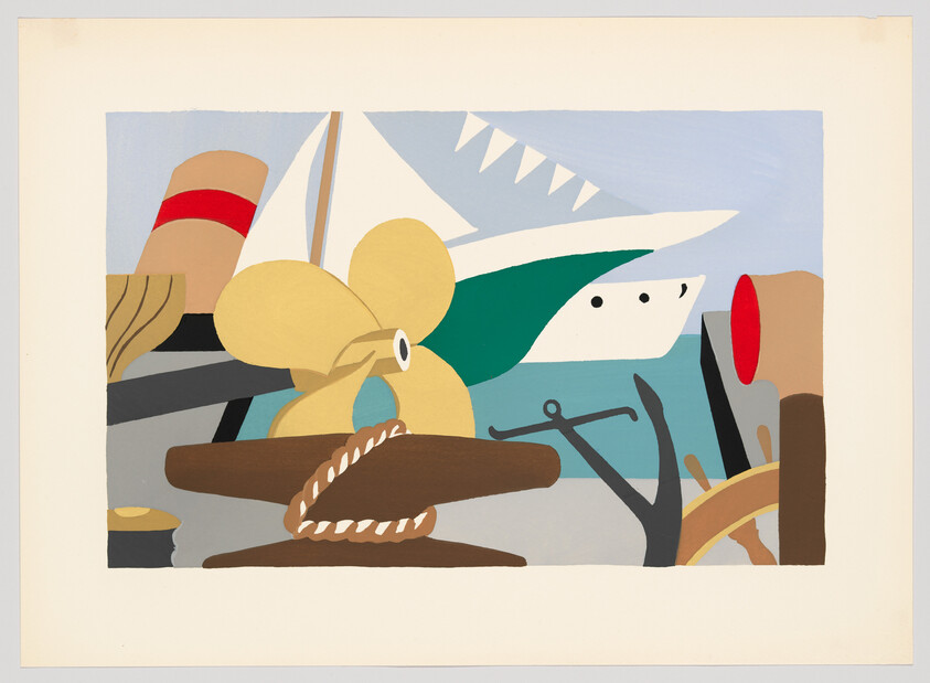 A colorful stylized harbor scene showing a ship, large propeller, anchor, and coiled rope.