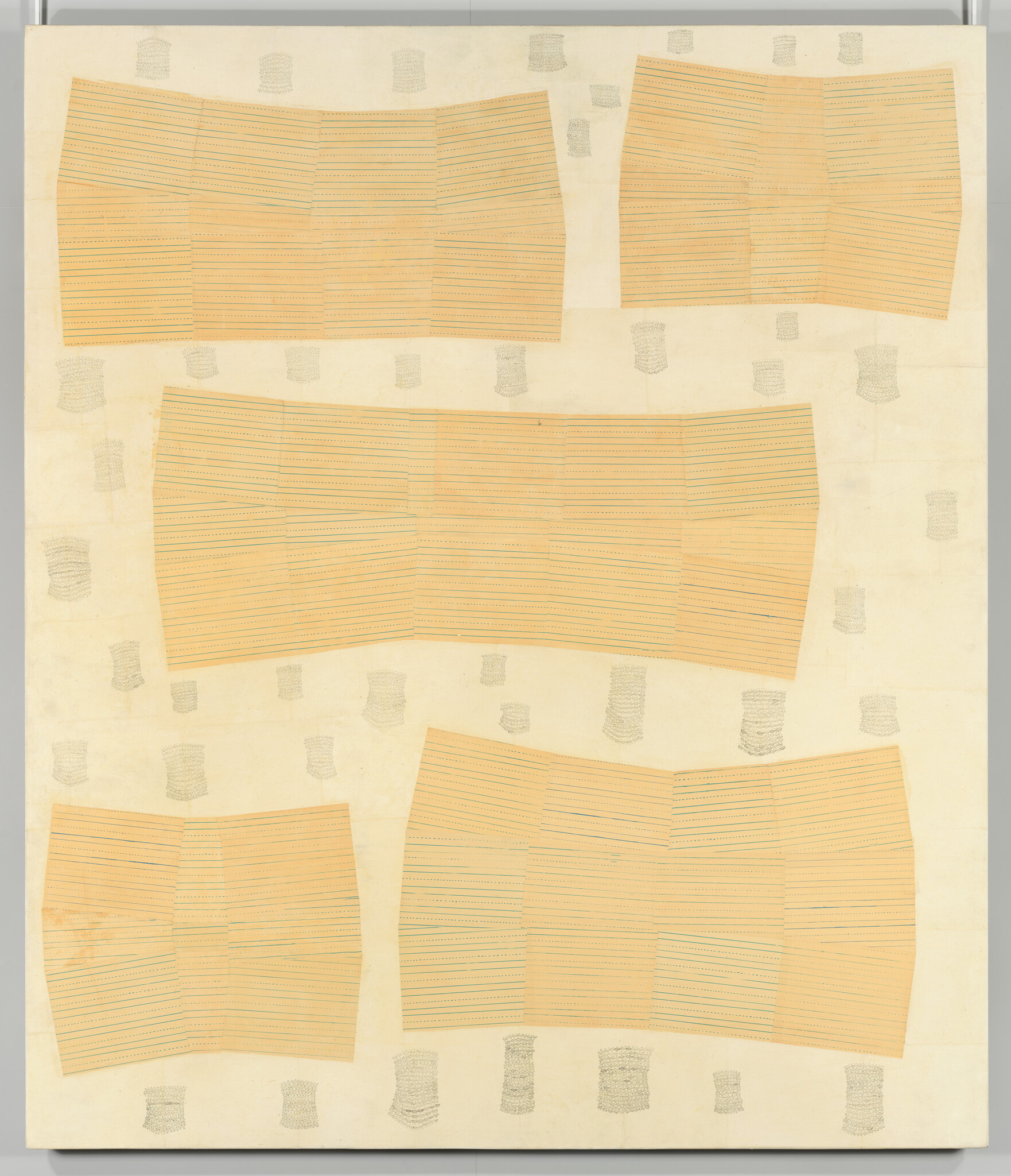 Five orange, curved striped panels arranged on a pale background with small gray textured marks.