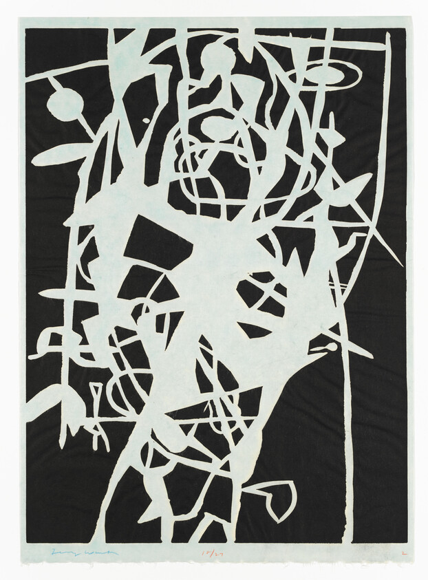 A black and white abstract print featuring a complex network of interlocking white shapes on a black background. The shapes are irregular and organic, resembling a cut-out or stencil design. The artist's signature and edition number are visible at the bottom.