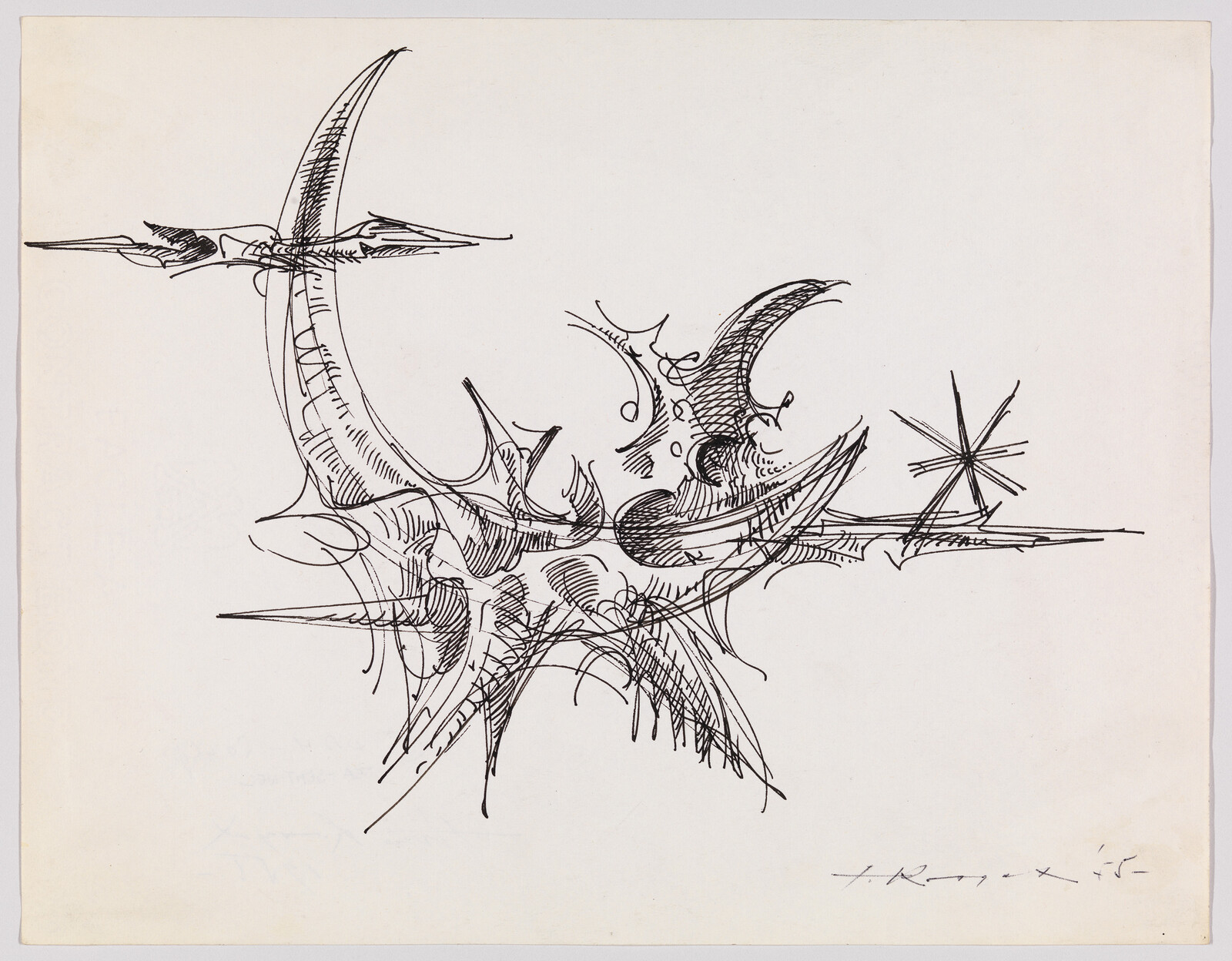 Abstract black ink drawing of spiky, curved organic shapes with a small star-like figure on white paper.