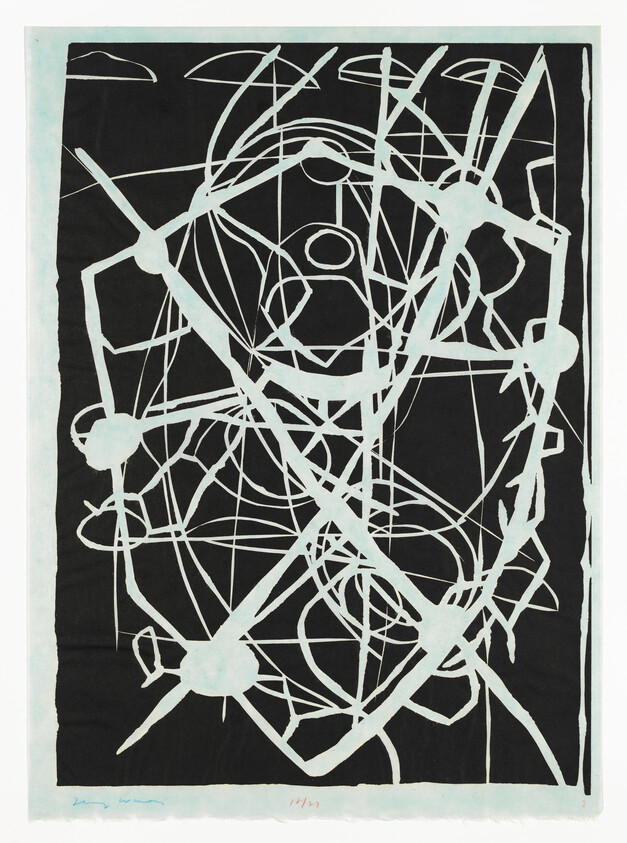 Abstract white linear shapes and curves on a black background, resembling a tangled web or network.