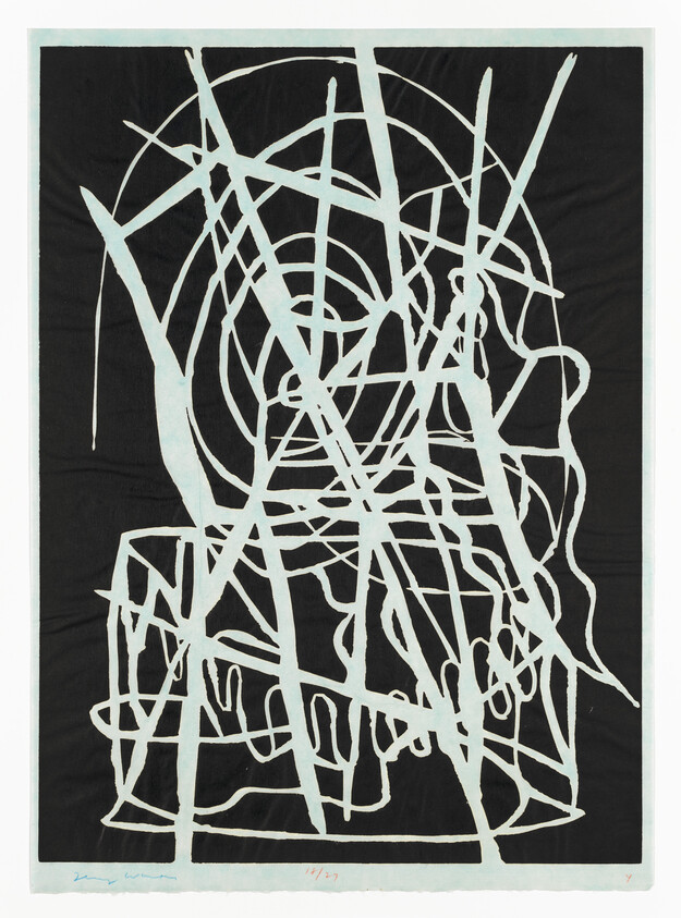 An abstract artwork featuring a tangle of white lines on a black background, creating a chaotic yet structured web-like design. The piece is signed and numbered in the lower corners.