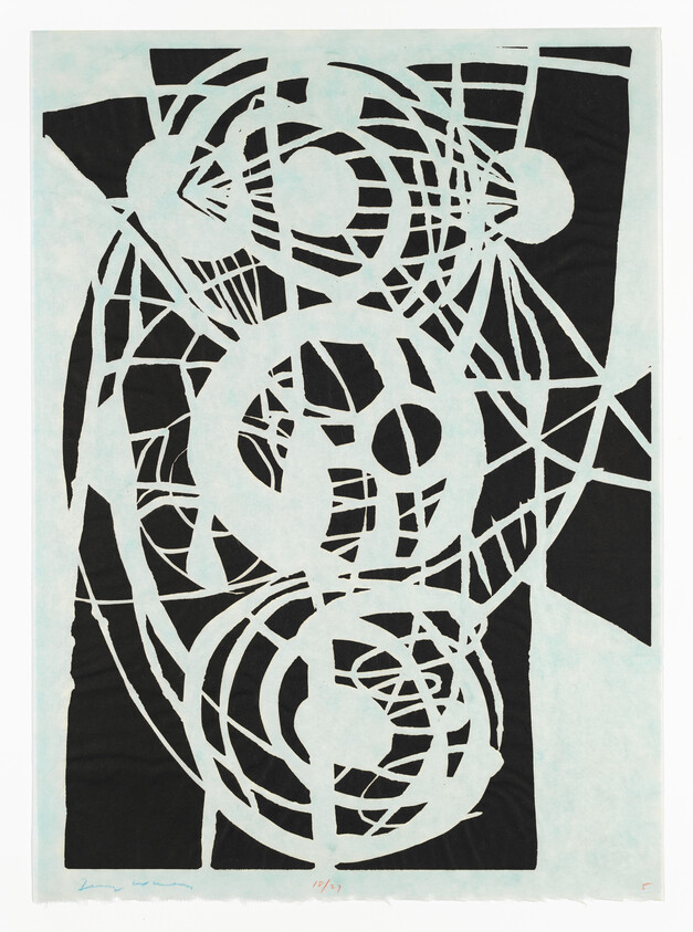 A graphic print featuring abstract, interlocking circular patterns in white against a black background, with a pale blue border surrounding the image. The artwork has a signature in the bottom left corner and is numbered in the bottom right corner.