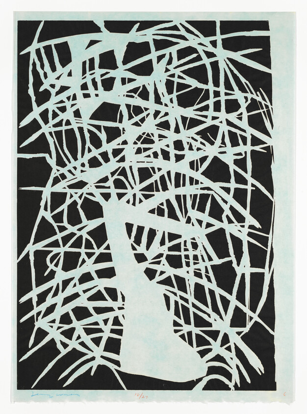 A modern abstract print featuring a complex web of white lines creating a chaotic pattern over a black background. The lines vary in thickness and direction, creating a sense of movement and depth. The print has a pale border and is signed and numbered at the bottom.