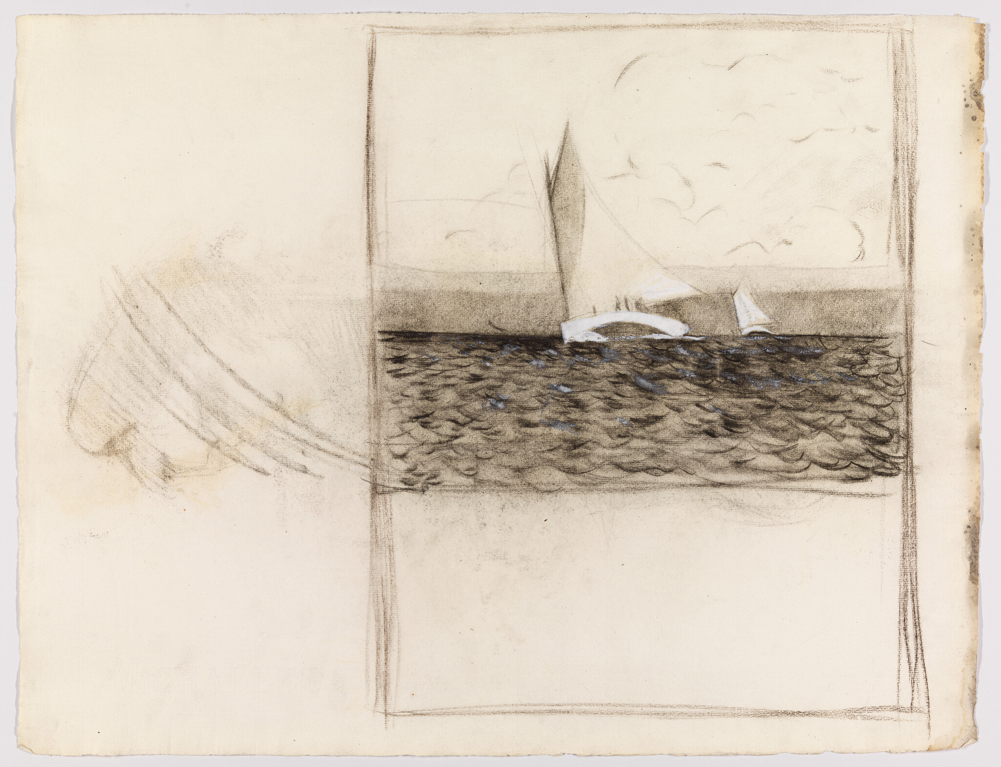 Two sailboats glide across choppy water in a simple pencil sketch framed on the page.