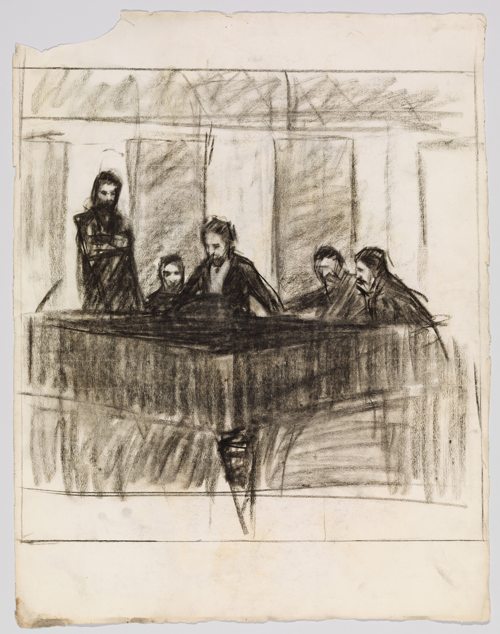 Five people gathered around a long table, leaning in as if in a serious discussion.