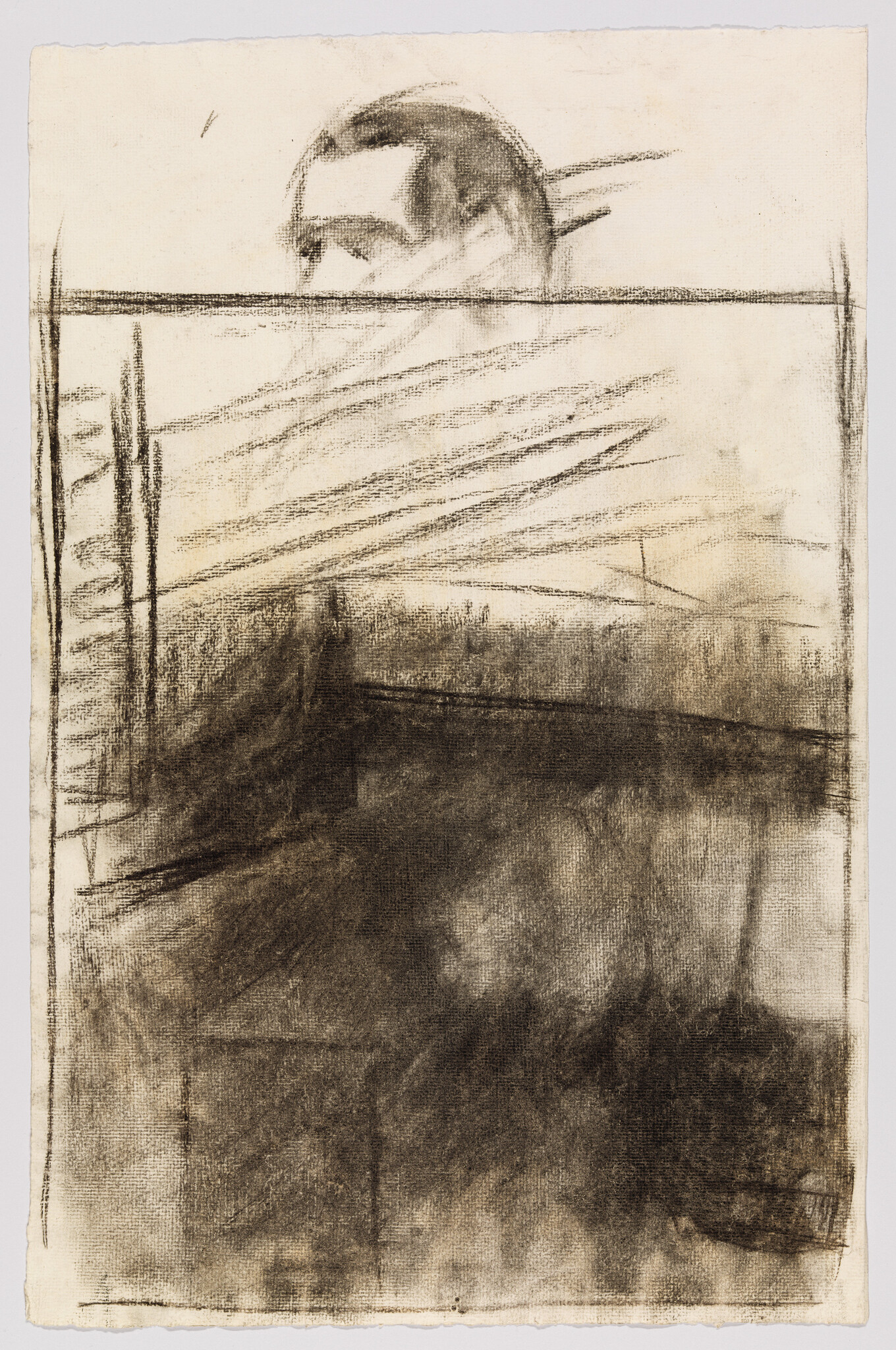 Faint charcoal sketch of a man's head above abstract, dark shaded geometric markings and lines.