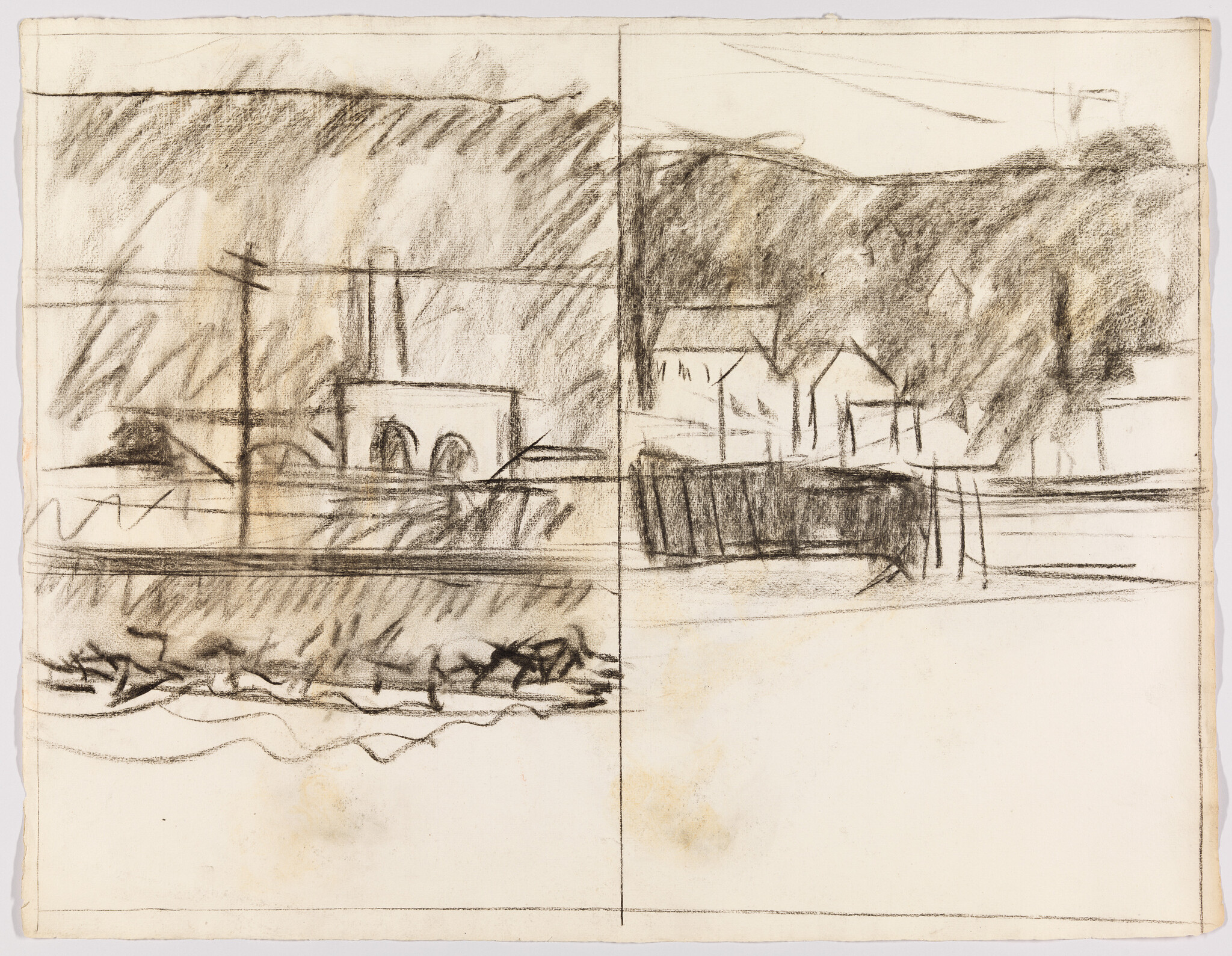 Loose charcoal sketch of a riverside industrial building, houses, and hillside divided by a vertical line.