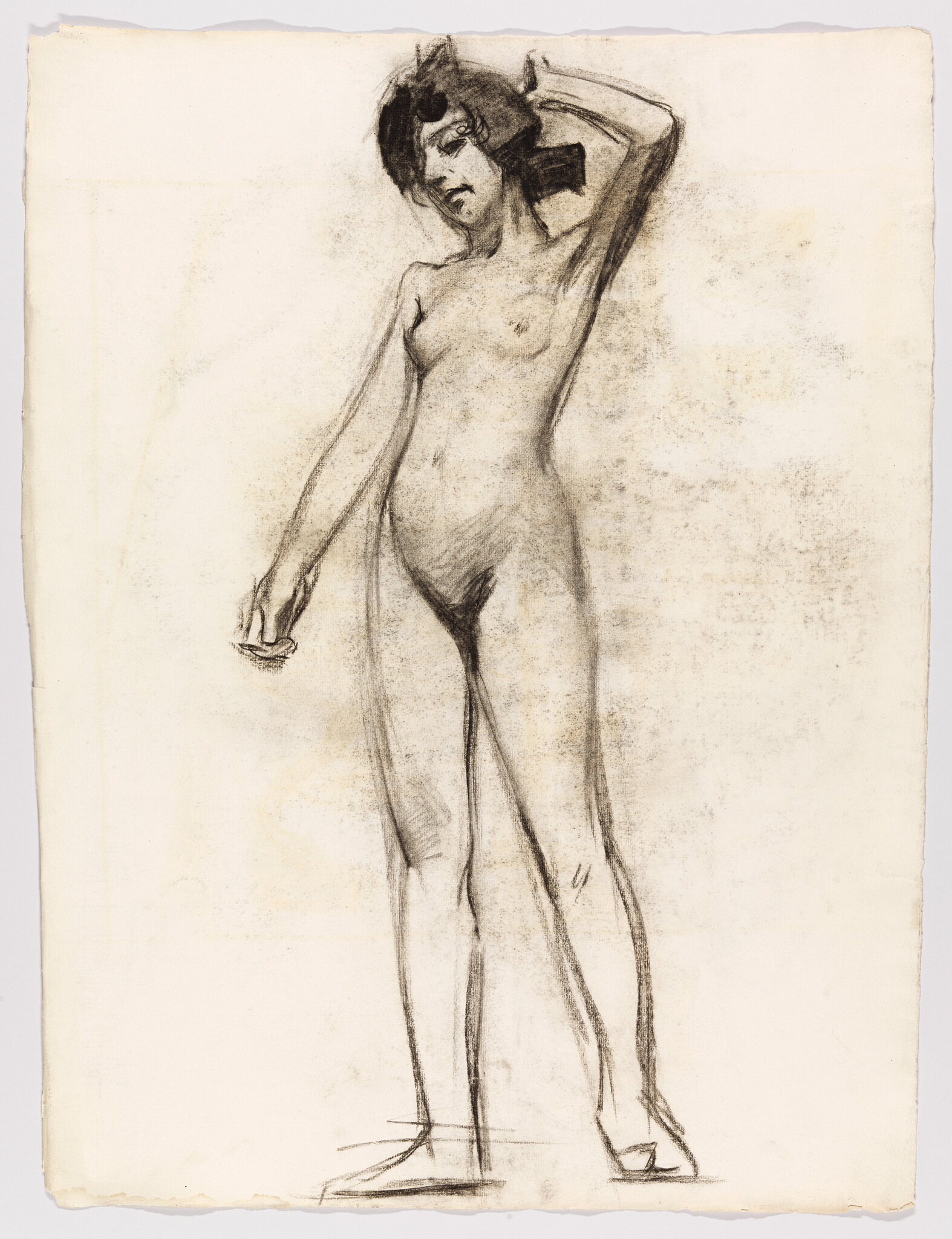 Nude woman standing with one arm raised behind her head and the other lowered.