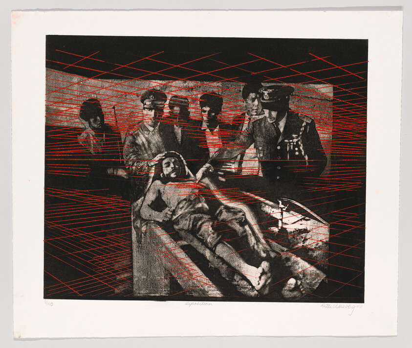A group of uniformed men examines a wounded body on a table, overlaid with red diagonal lines.