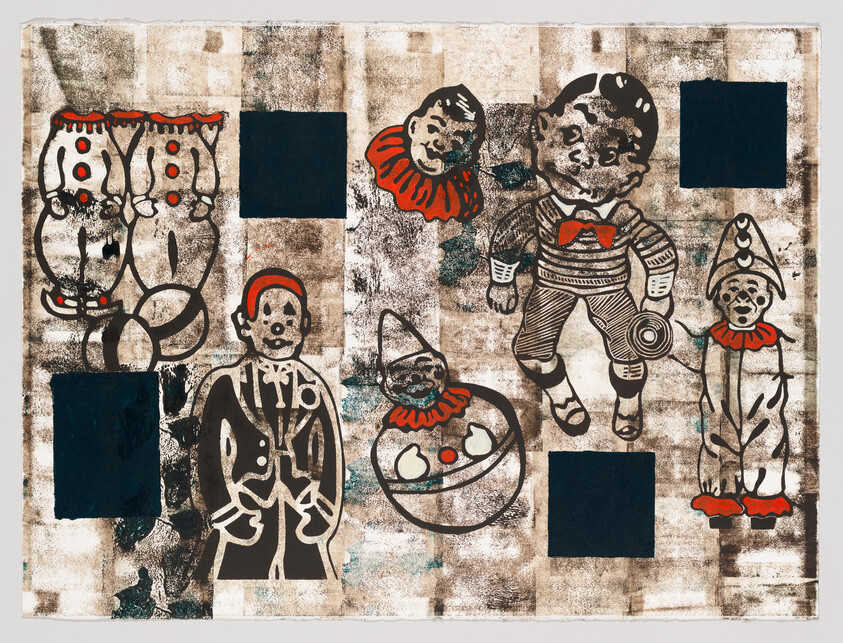 Several vintage clown and puppet figures arranged in a worn collage with dark blue squares.