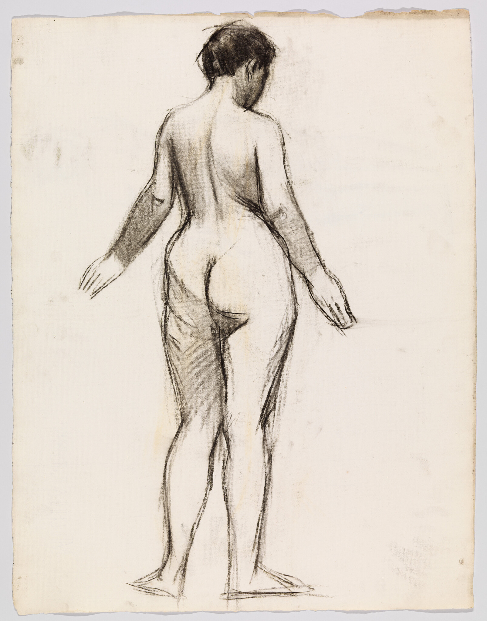Nude woman standing with arms slightly out, back turned in loose charcoal sketch.