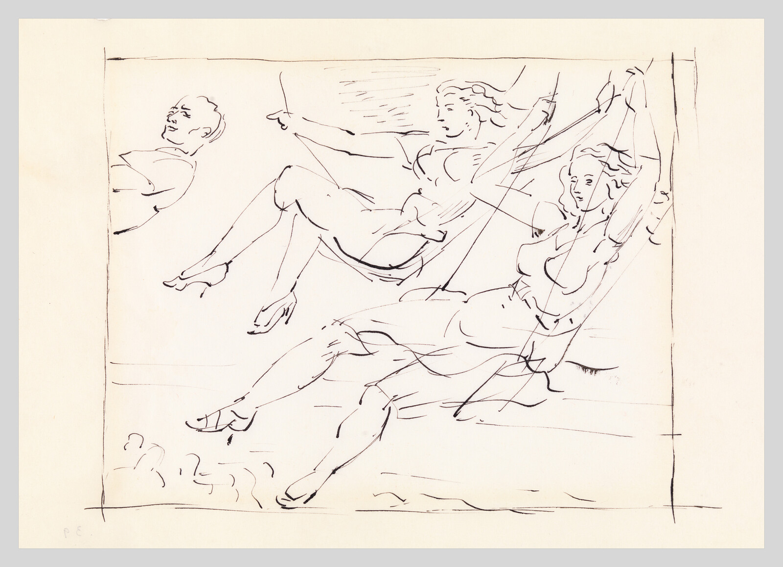Two women swing high on ropes in a loose ink sketch while a man watches.