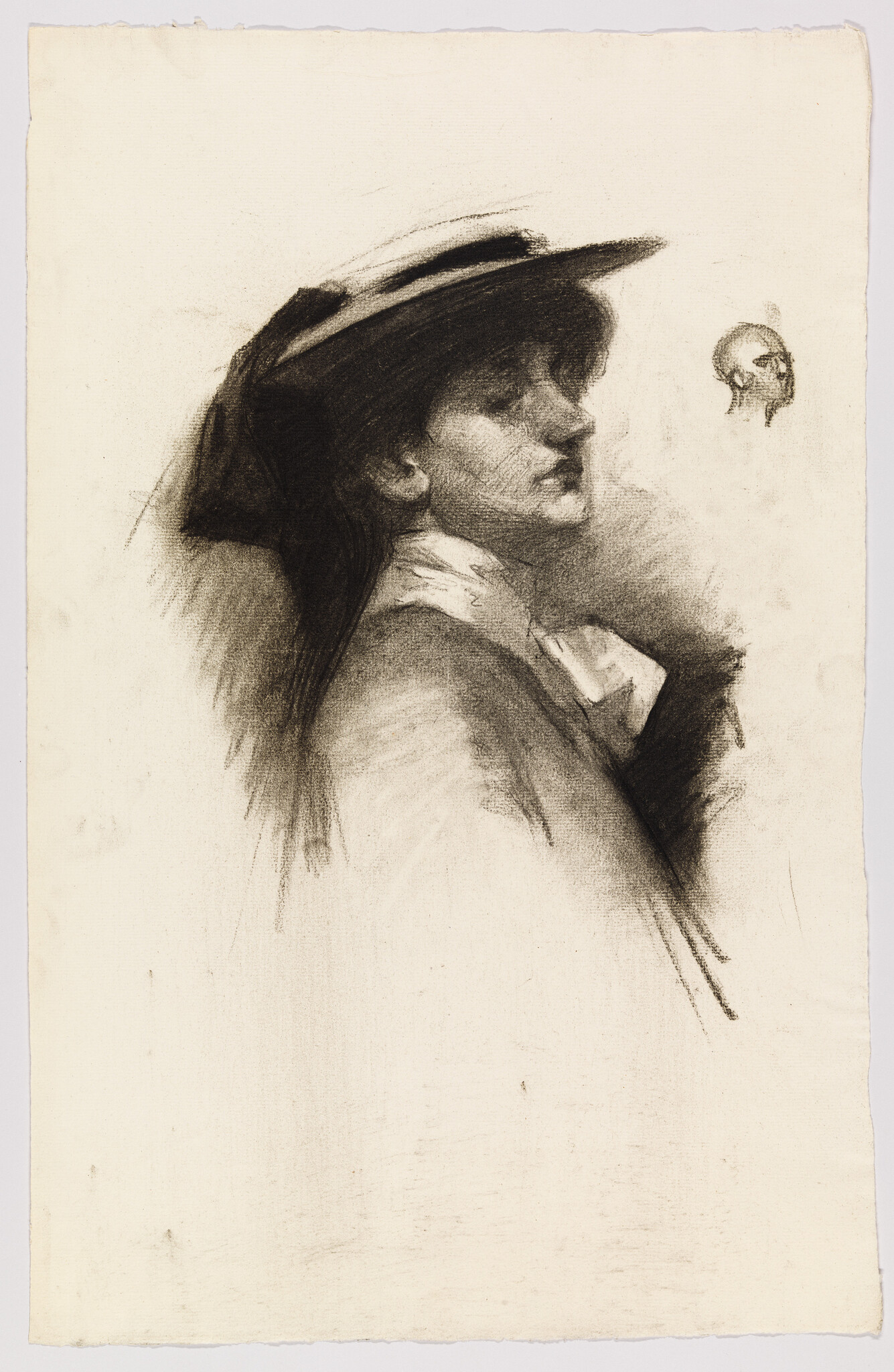 A charcoal sketch of a woman in a hat shown in profile with a small skull.