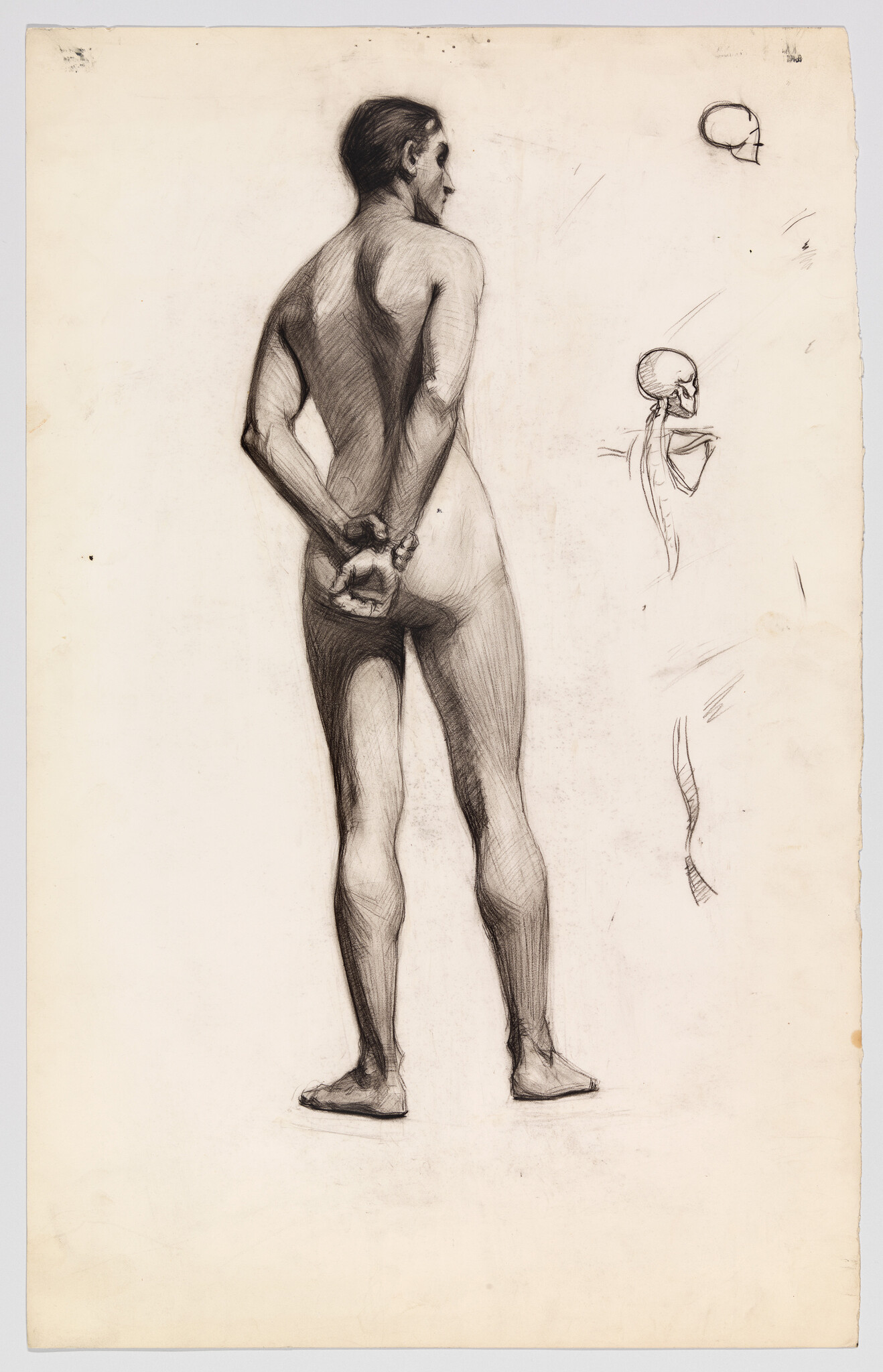 Nude male standing with hands clasped behind his back, accompanied by small anatomical sketches.