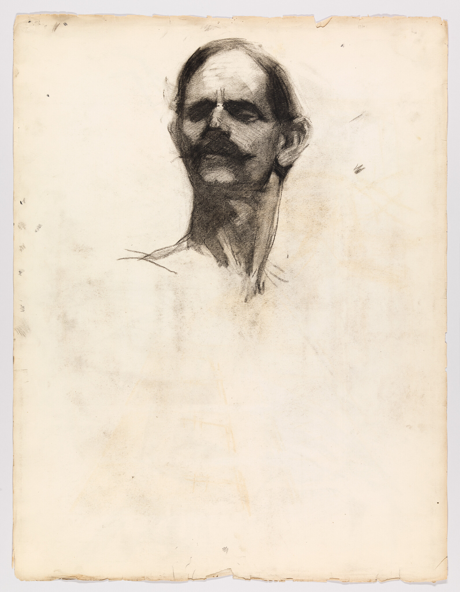 Charcoal sketch of a mustached man's head and long neck looking slightly upward.