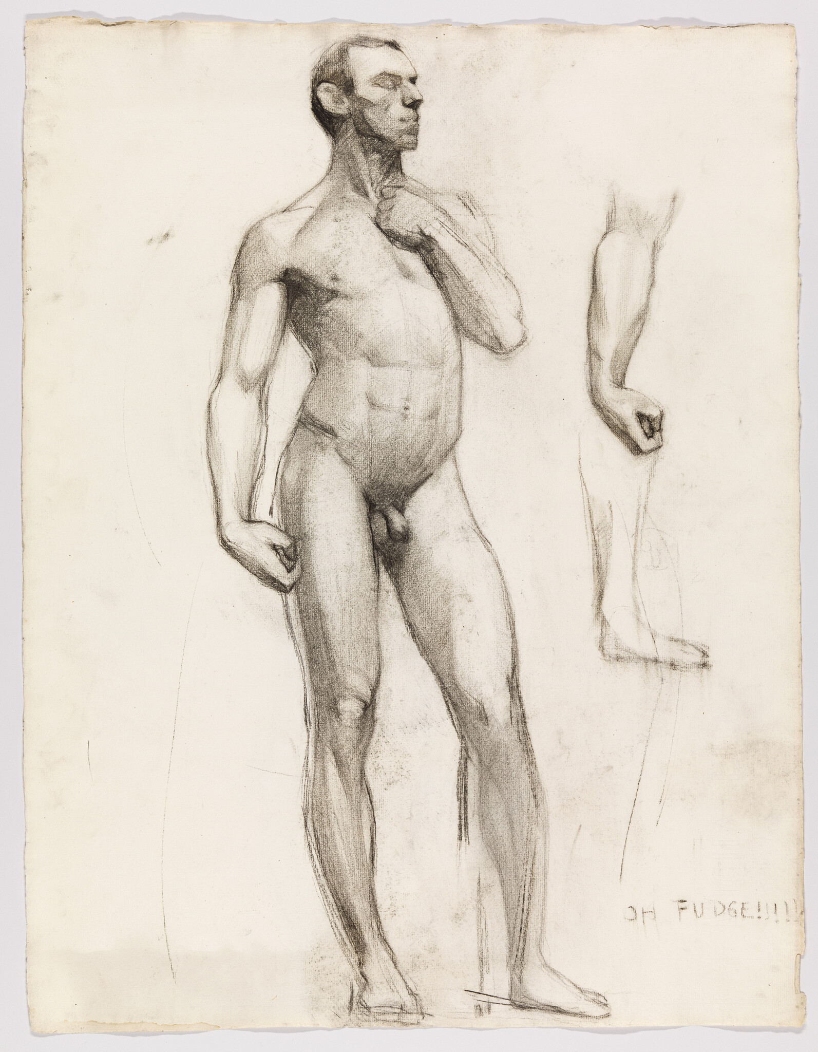 Nude male figure standing with one hand touching his neck and the other clenched.