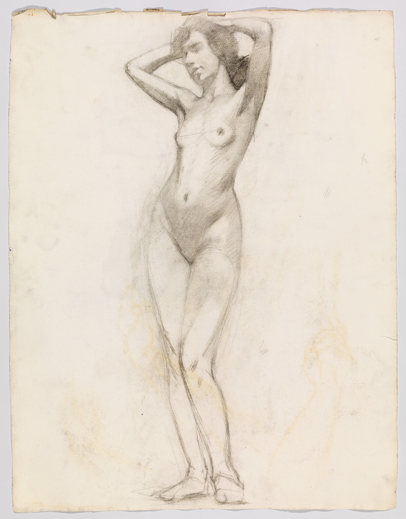 Pencil sketch of a standing nude female figure with one arm raised and hand behind her head, on aged paper with visible creases and tears.