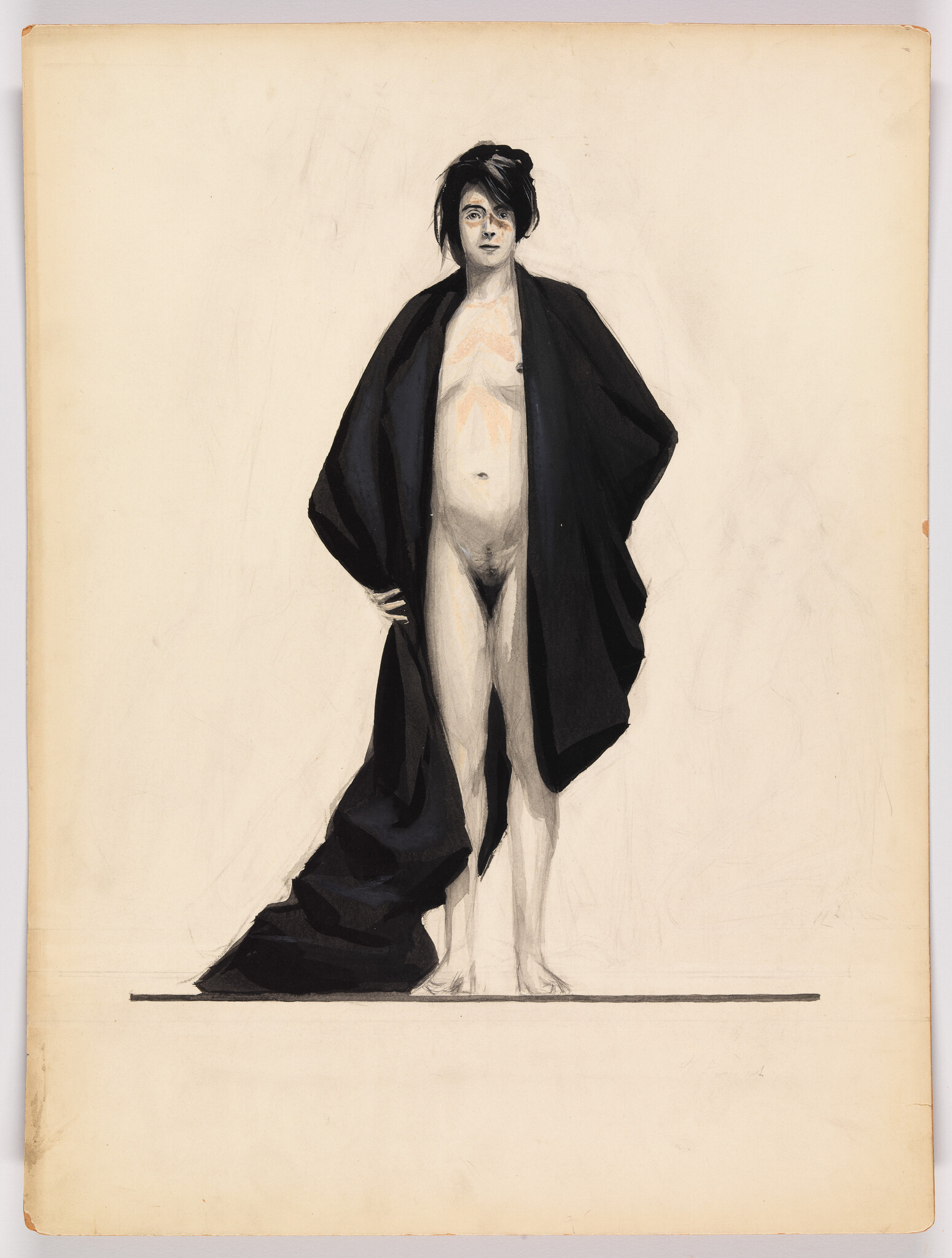A standing nude woman faces forward with a dark cloak draped over her shoulders and trailing behind.