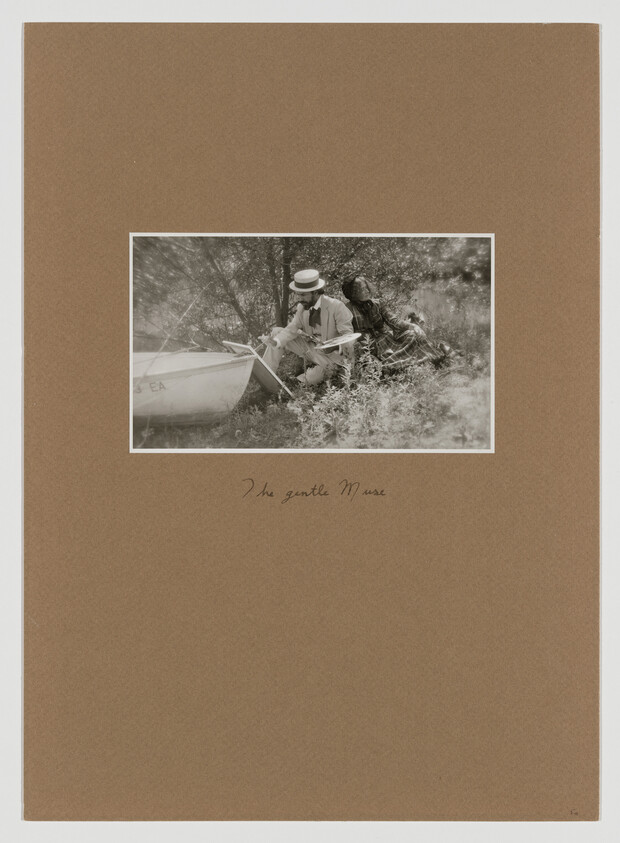 Vintage photo of two people by a boat, one painting and the other observing, with handwritten text "The gentle Muse" below.