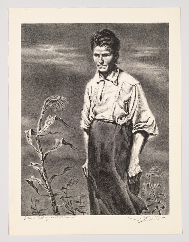 A stern woman standing in a field of tall corn with her hands at her sides.