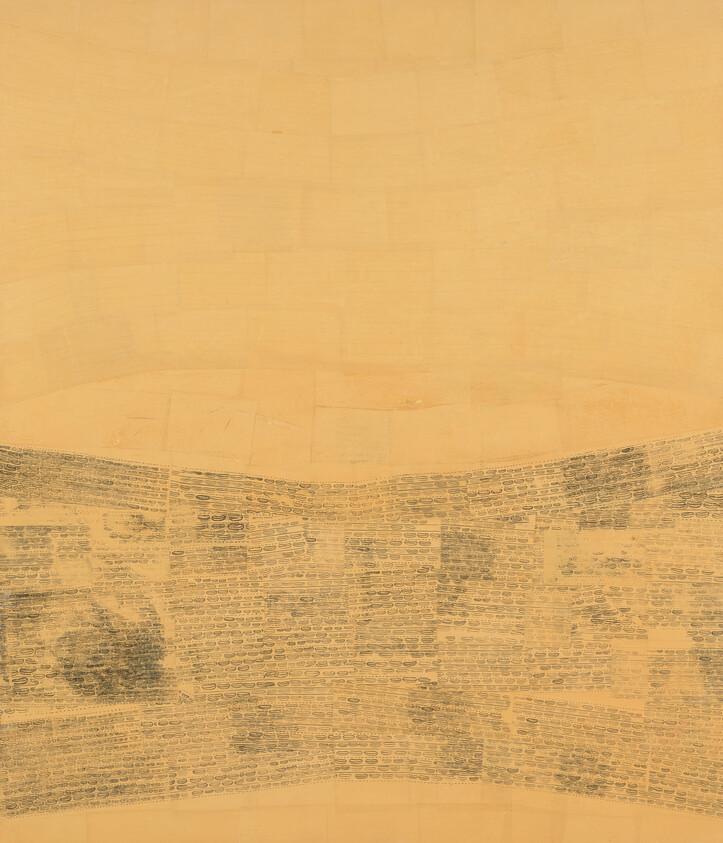 Aerial view of a dry, tan landscape crossed by a wide band of small rectangular fields and tracks.