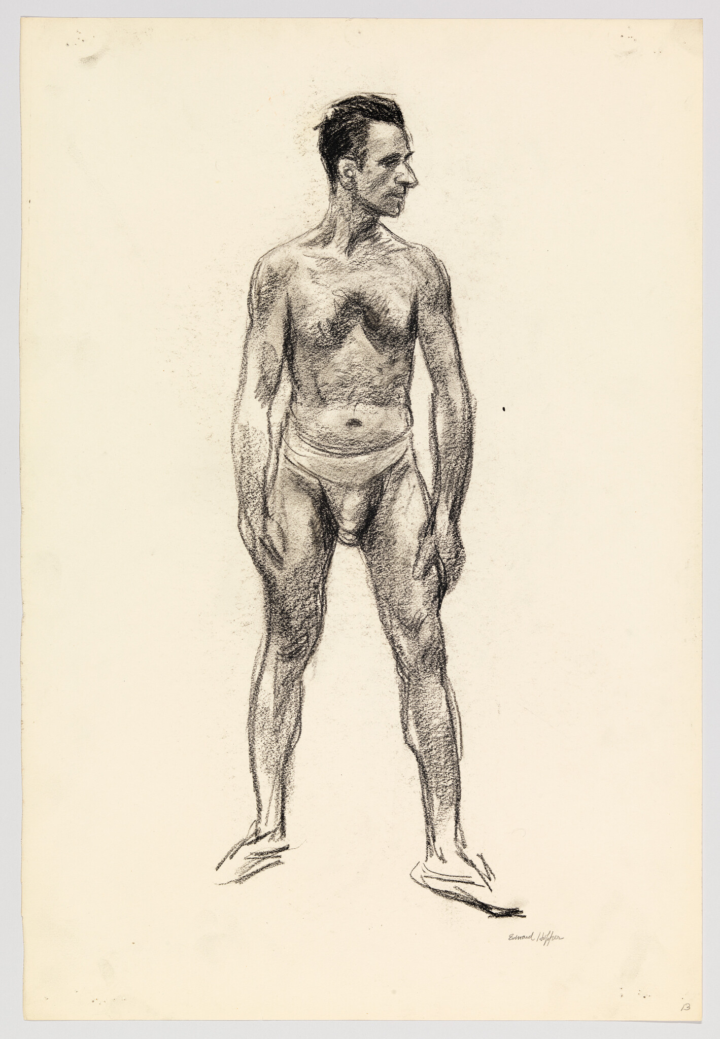 Standing male figure drawn in charcoal, facing right and wearing briefs.