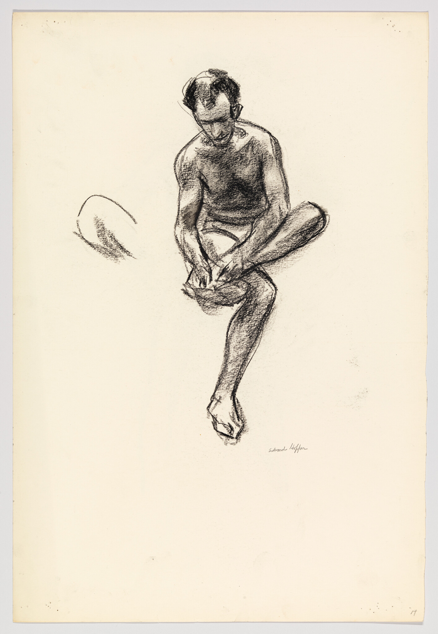 A charcoal sketch of a seated man leaning forward to tie or adjust his foot.