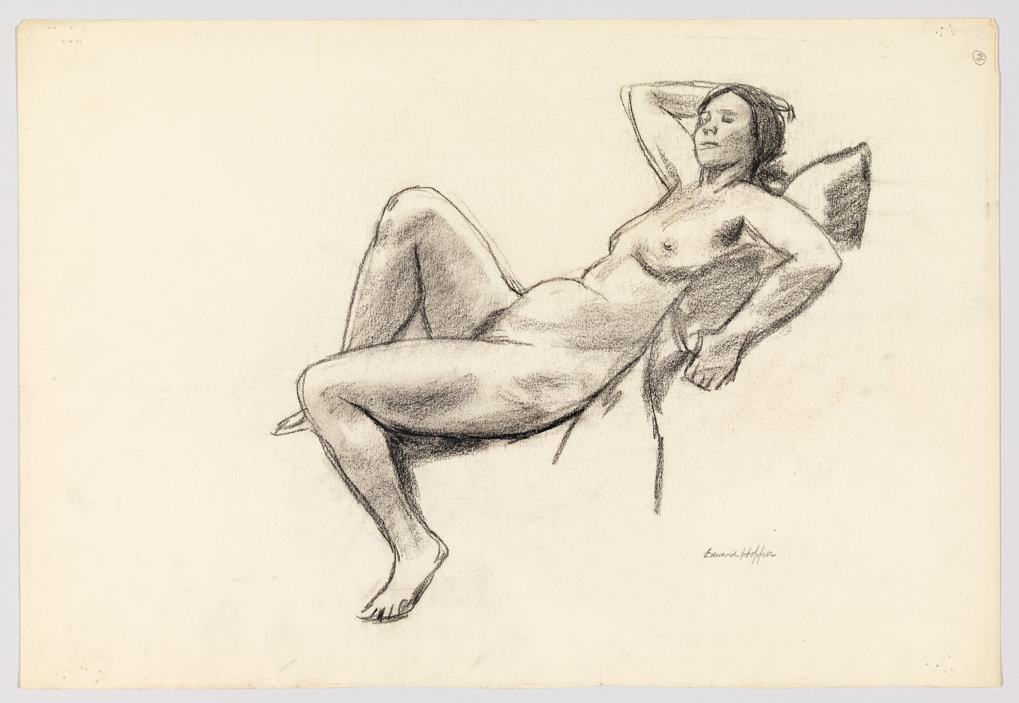 Reclining nude woman with one arm behind her head and legs bent, rendered in charcoal.