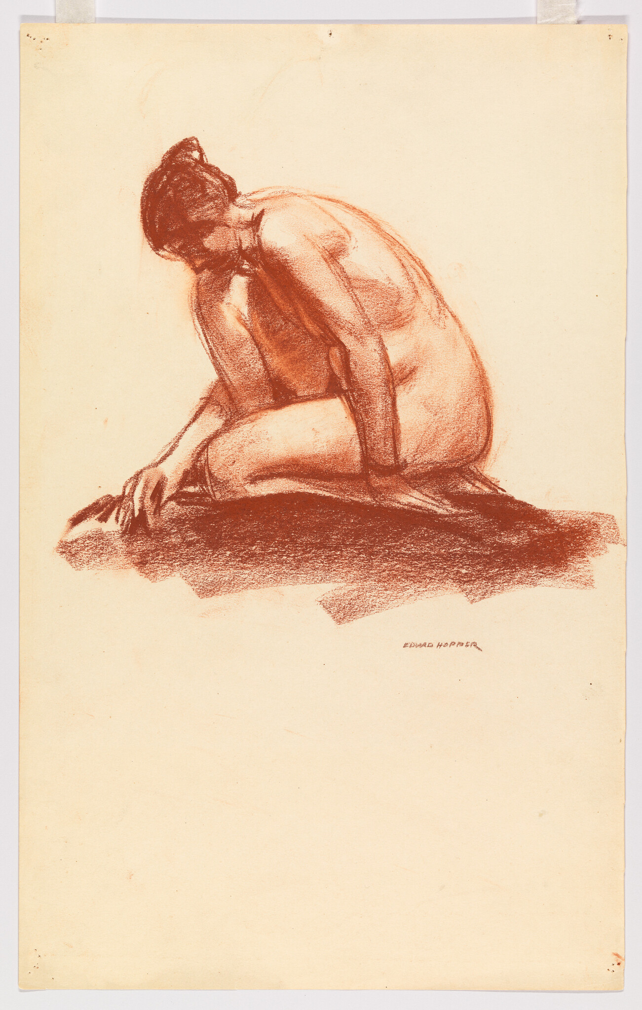 A nude woman kneels and leans forward, reaching her hand toward the ground.