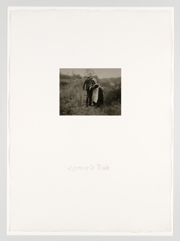 A man uses a cane while a woman supports him, titled "Learning to Walk."