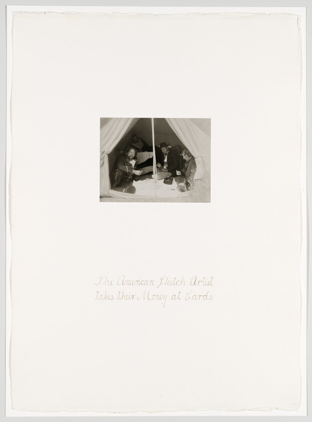 Three men sit inside a tent playing cards while one collects money from the others.