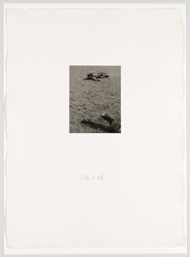 A person's legs and a horse lie on the dirt, with the words "The End" below.