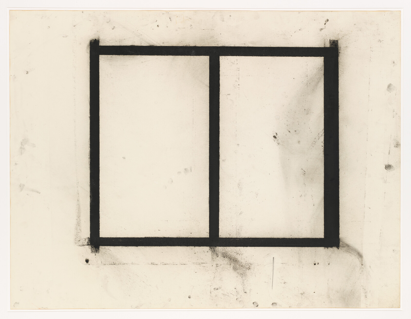 A large black rectangle is divided in half vertically by a single black line on a white background.