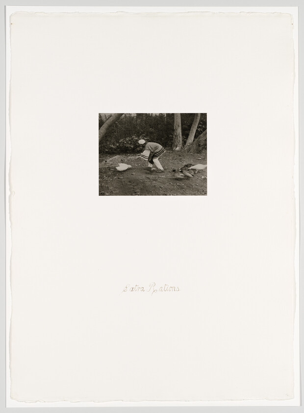 Child in a sailor outfit bends to scatter feed for ducks near trees.