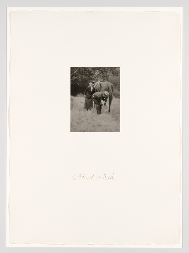 A person tending to a horse's hoof while another watches, with caption "A Friend in Need."