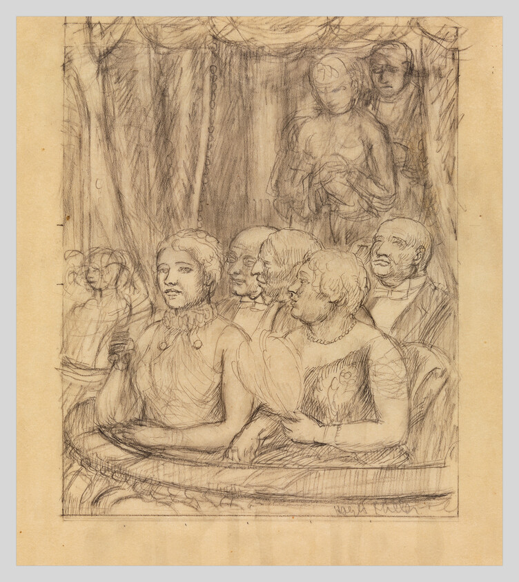 A pencil sketch showing well-dressed men and women seated in a theater box watching a performance.