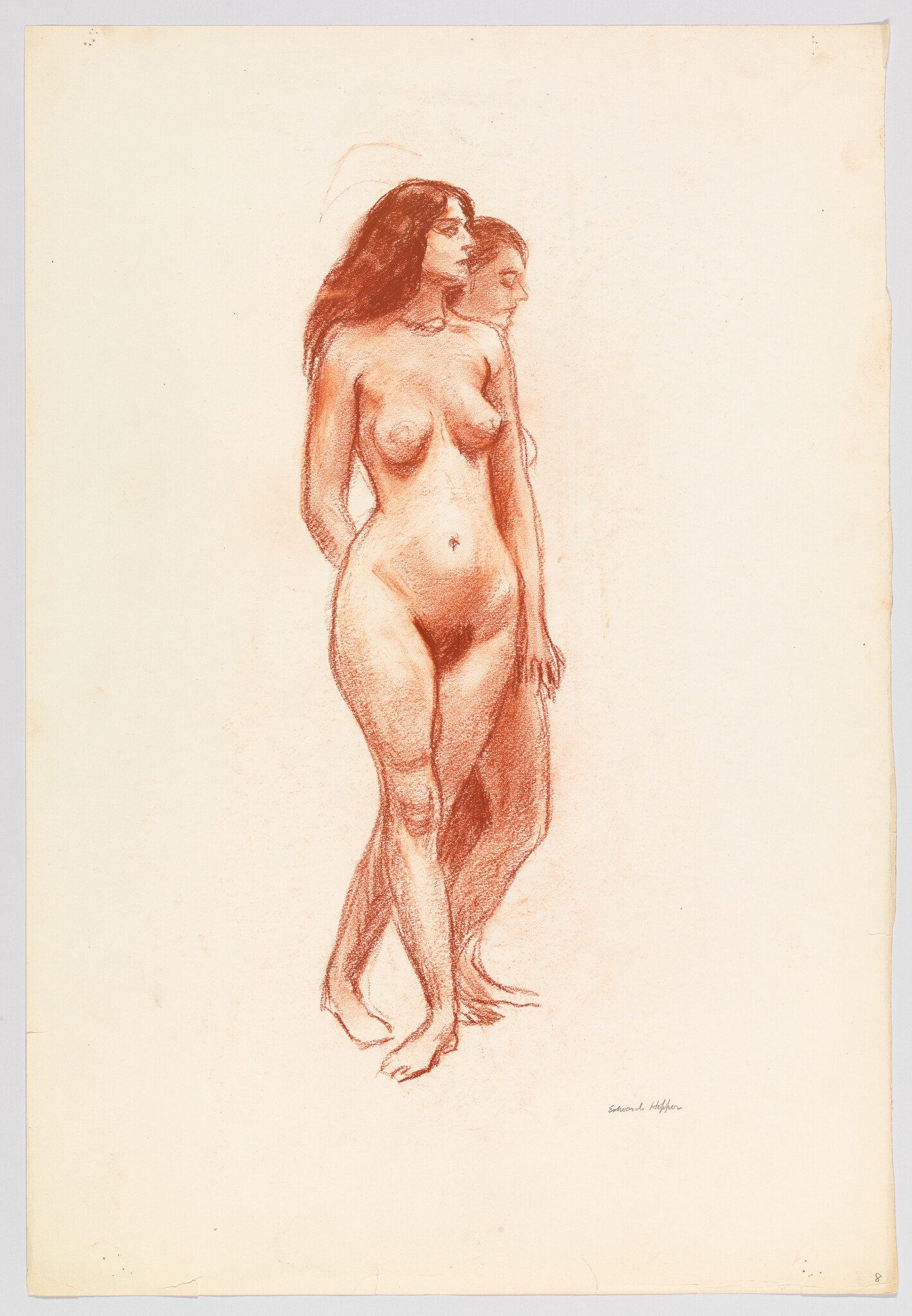Two standing nude women drawn in red chalk, one slightly behind the other.