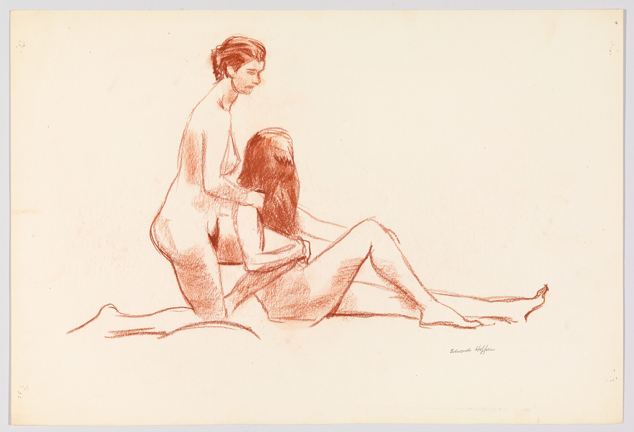 Two nude women in a charcoal sketch, one kneeling behind the seated figure adjusting her hair.